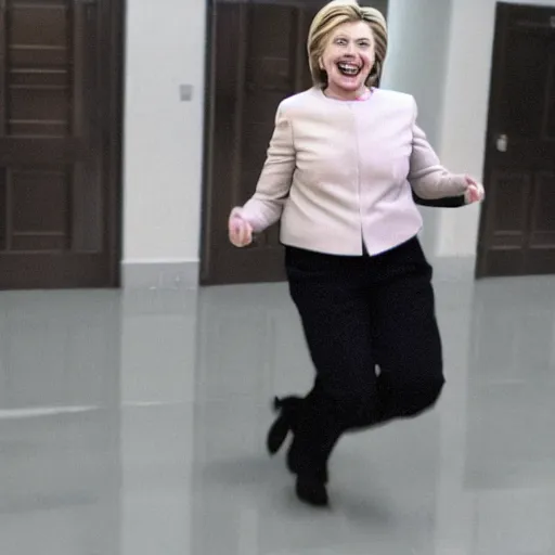 Prompt: large hillary clinton chasing after envelopes running away in fear, cctv footage