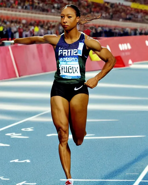 Image similar to allyson felix, at the 2 0 0 - meter starting line, olympic trials, sports photography in the style of neil leifer, bokeh