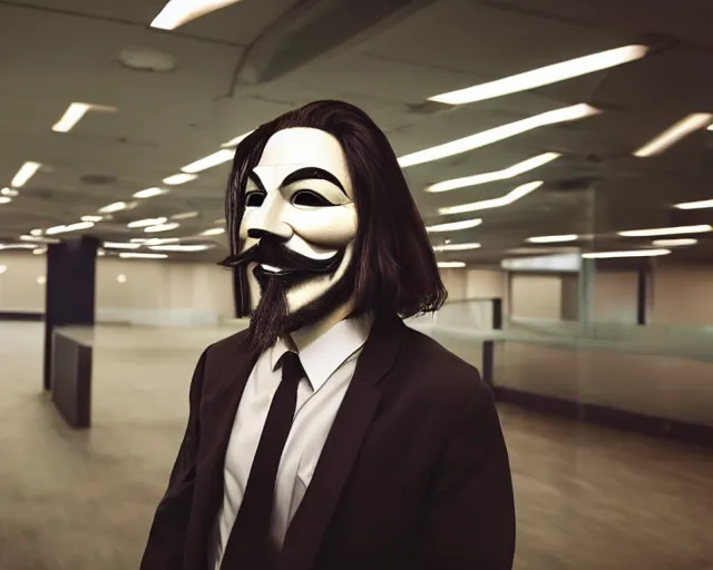 Prompt: man wearing guy fawkes mask doing science in large corporate laboratory, photo, cinematic lighting