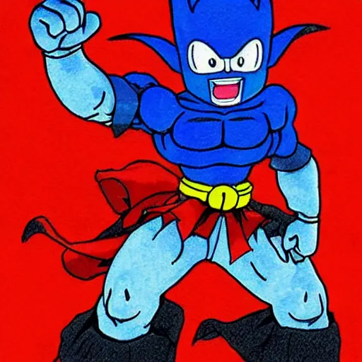 Prompt: it's an anime drawing by akira toriyama, it depicts characters from one of his manga series. the central figure is a blue demon, his arm raised, ready to fight. the background is black, there is a red moon in the sky, which is slightly demonic. the effect is rather sinister.