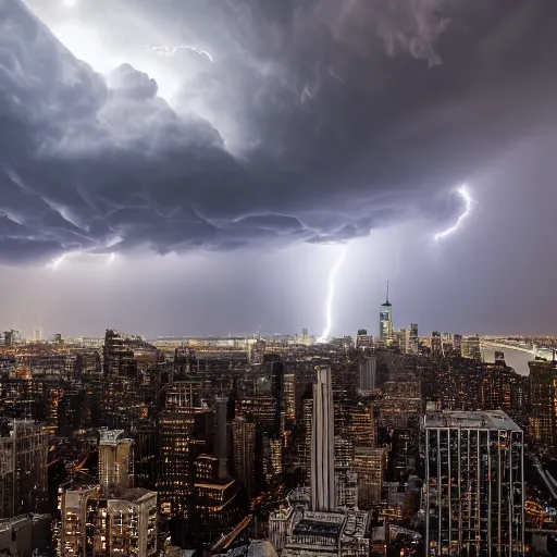 Prompt: Professional photo of an epic thunderstorm over NYC, view from Brooklyn Heights, wide lens, Nikon DSLR, real, realistic, high resolution 8k, drone footage, 500px