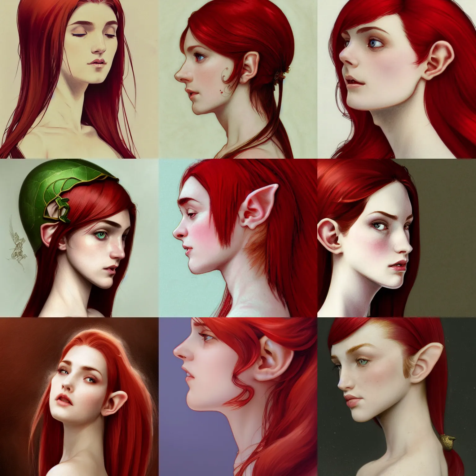 Prompt: profile (side-view) portrait of very beautiful elf girl, headshot, looking up, hyper realistic, pale skin, bright red hair, 4k, rule of thirds, extreme detail, detailed drawing, trending artstation, hd, fantasy, D&D, realistic lighting, by Alphonse Mucha, Greg Rutkowski, sharp focus, backlit, elegant