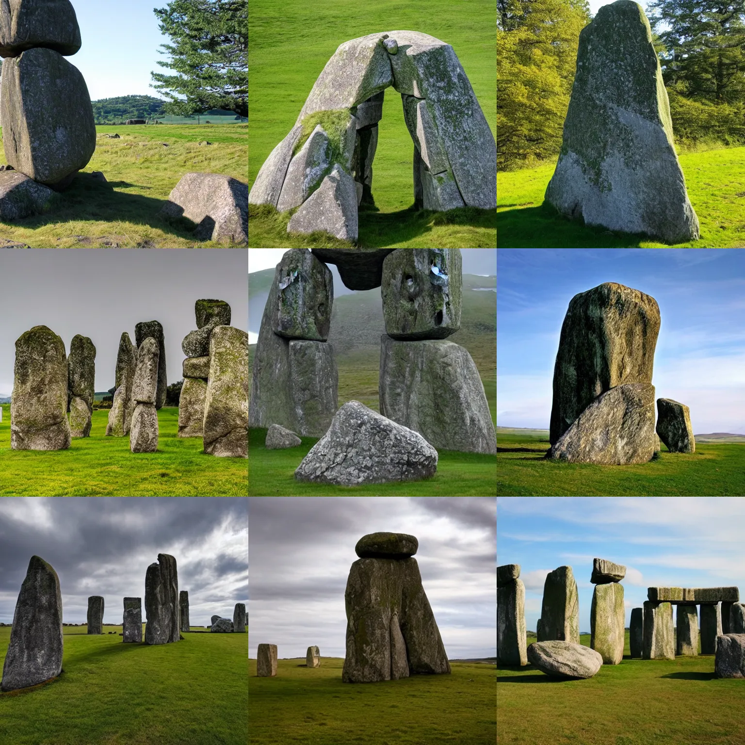 Prompt: a standing stone monument that looks like stonehenge but it is really a rock giant that is pushing against the ground to stand up and walk away