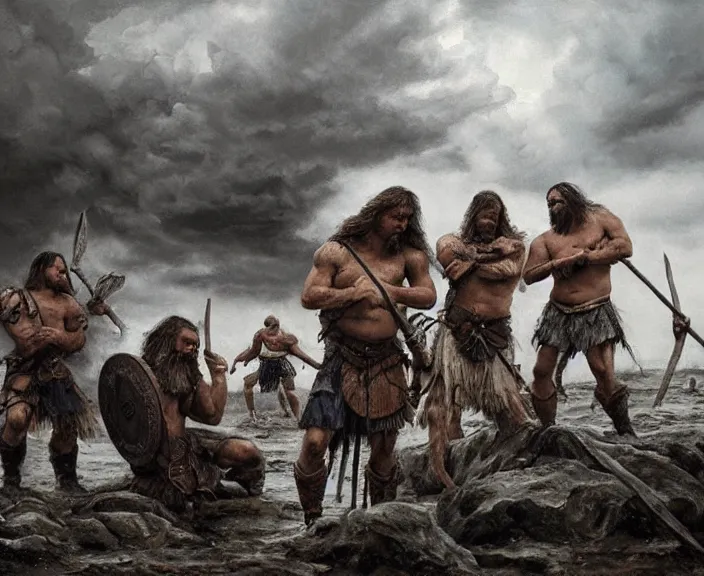 Prompt: barbarian men wait patiently for a storm, art by denys tsiperko and bogdan rezunenko, hyperrealism