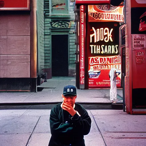 Prompt: closeup portrait of a sneaky man hiding trying to sell hotdogs in a smoky new york back street, by Annie Leibovitz and Steve McCurry, natural light, detailed face, CANON Eos C300, ƒ1.8, 35mm, 8K, medium-format print