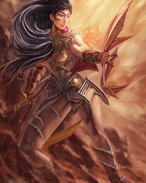 Image similar to A beautiful female warrior running, D&D, beautiful face, highly detailed face, fantasy art, female art, in the style of masami kurumada, illustration, epic, fantasy, intricate, hyper detailed, artstation, concept art, smooth, sharp focus, ray tracing