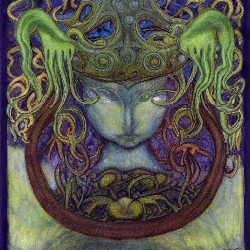 Image similar to the tentacle crown,by Annie Swynnerton and Diego Rivera, symbolist, dramatic lighting, elaborate geometric ornament, Art Brut, bioluminescent, soft blues and greens,smooth, sharp focus, extremely detailed, Adolf Wölfli