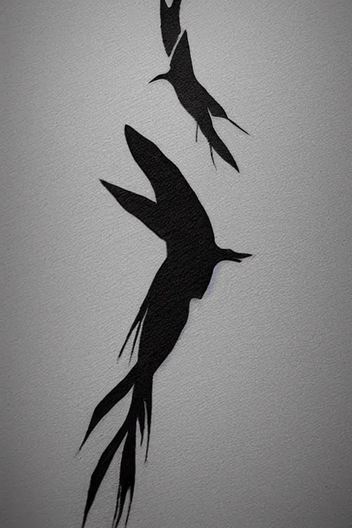 Image similar to a simple artistic tattoo design of minimalist flying birds, black ink, abstract geometric logo