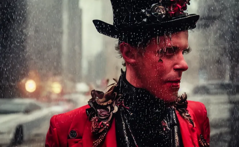 Image similar to cinestill 5 0 d candid photographic portrait by david cronenberg of baroque steampunk cyborg gentleman wearing a red edwardian suit and top hat, floral growths, modern cyberpunk moody emotional cinematic, closeup, pouring rain menacing lights shadows, 8 k, hd, high resolution, 3 5 mm, f / 3 2, ultra realistic faces, ex machina