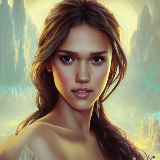 Image similar to beautiful young jessica alba like disney princess, closeup, d & d, fantasy, intricate, elegant, highly detailed, digital painting, artstation, concept art, matte, sharp focus, illustration, art by artgerm and greg rutkowski and alphonse mucha