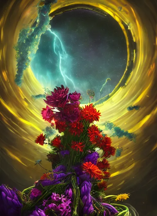 Image similar to An epic fantastic realism comic book style painting of the most beautiful entwined flowers launched across the dark galactic night sky, nebulous bouquets, fisheye lens, unreal 5, DAZ, hyperrealistic, octane render, dynamic lighting