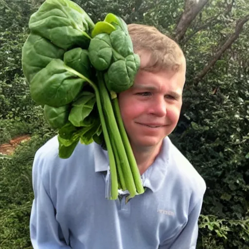 Image similar to Joe lysett with spinach on his head