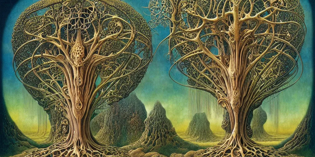 Image similar to tree of life by roger dean and andrew ferez, art forms of nature by ernst haeckel, divine chaos engine, symbolist, visionary, art nouveau, botanical fractal structures, organic, detailed, realistic, surreality