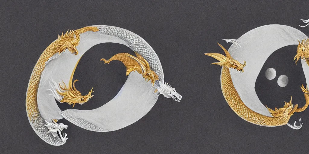 Prompt: realistic scene of dragons as ying yang, golden, delicate, hyper realism, 1 4 5 0, ink, ultra realistic, 8 k