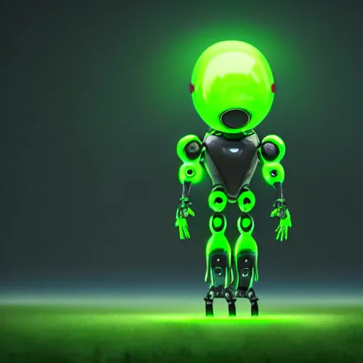 Prompt: an illustration of the full body of an alien robot with glowing green eyes in an unknown planet, hyperrealistic, octane render, 3D