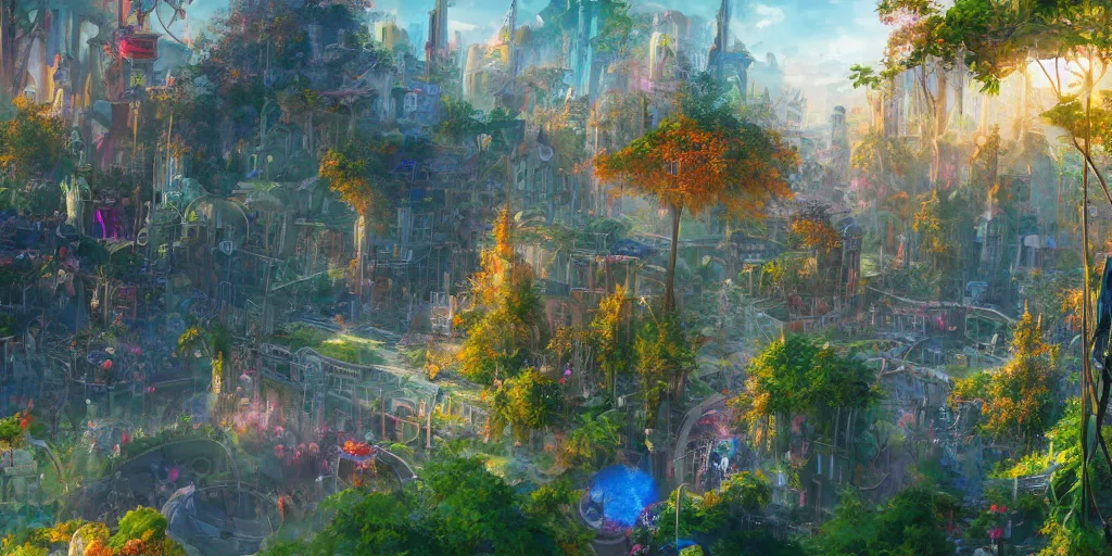 Prompt: a fantasy solarpunk city, illustration, bright sunlight, sun glints, beautiful sky, vivid and colorful trees and plants, digital art, hyperrealistic, oil painting, 8 k, trending on artstation, detailed
