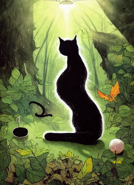 Image similar to a hyper realistic ink cat and the meaning of life and sunbeams blue sky, lush forest comic by chiara bautista and norman rockwell and greg rutkowski weta studio, and lucasfilm