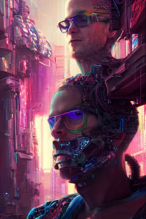 Image similar to A portrait of the Techgnosis author Erik Davis as a cyberpunk, iridescent highlights, background of digital greebles, highly detailed, intricate, soft, sci-fi, sharp focus, glowing lines, art by Ruan Jia and Moebius