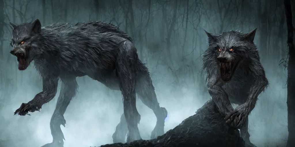 Image similar to a scary werewolf in a gloomy swamp, 50mm lens, special effects make up, RBFX, stan winston, cinematic, volumetric lighting