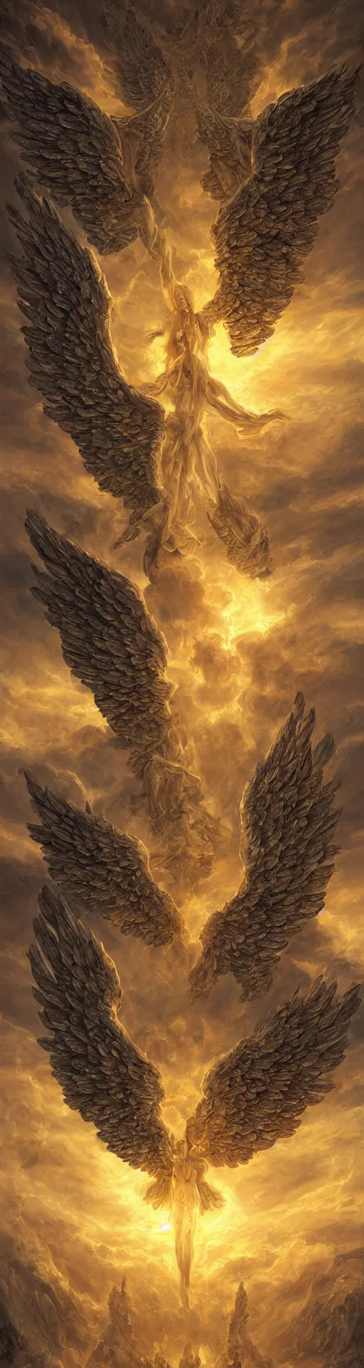 Prompt: Tower made out of angel wings and arms ascending from hell to heaven, backlit by golden sun, realistic painting, classical painting, high definition, digital art, matte painting, vibrant, mystical, fantasy art, very detailed, realistic