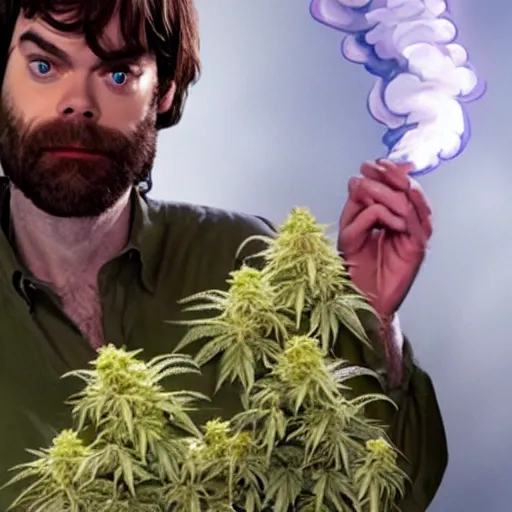 Prompt: Bill Hader smoking a joint dressed as Jesus with a cloud of smoke at the pearly gates of heaven with cannabis plants around him