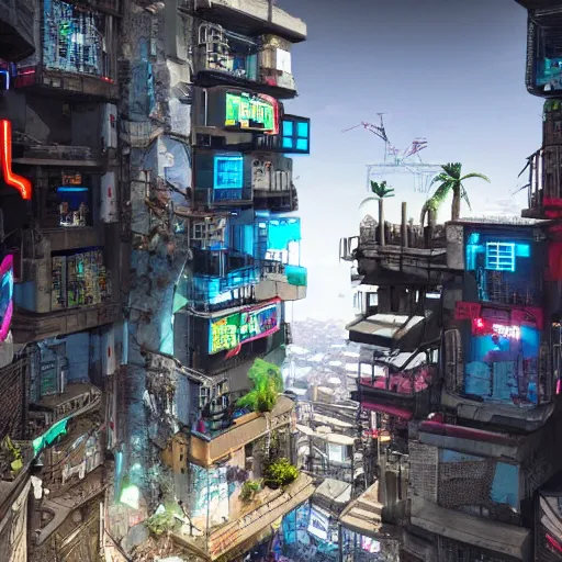 Image similar to a cyberpunk favela