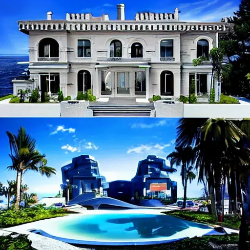 Prompt: video game set inside a beautiful futuristic but classy mansion, mirror's edge + no more heroes, clean, views to the ocean