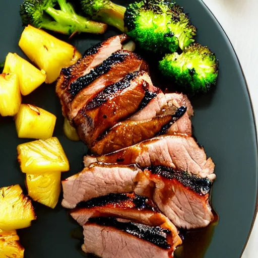 Image similar to a plate of seared glazed pork with a side of grilled pineapple and long broccoli, beautiful appetizing food photography