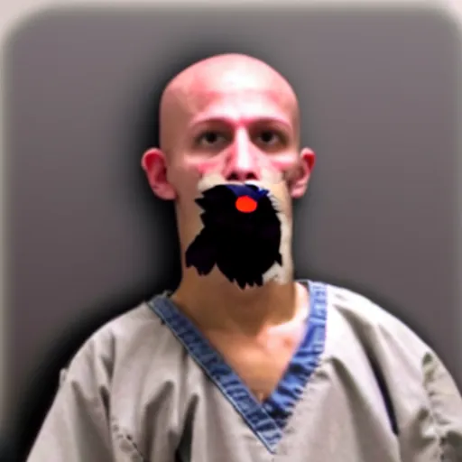 Image similar to chicken dressed with inmate clothes, mugshot in a police station