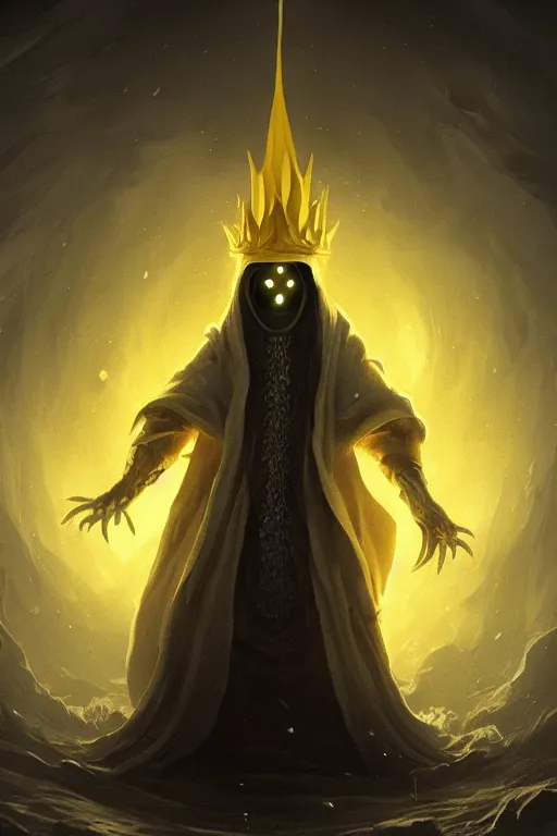 Image similar to A full body portrait of a mysterious character with no face with a very long hooded yellow cloak, a golden crown floating above his head tentacles coming out the ground art by James Paick, and Shaddy Safadi, ominous, cosmic horror, trending on artstation, Ultra detailed, hyper realistic 4k