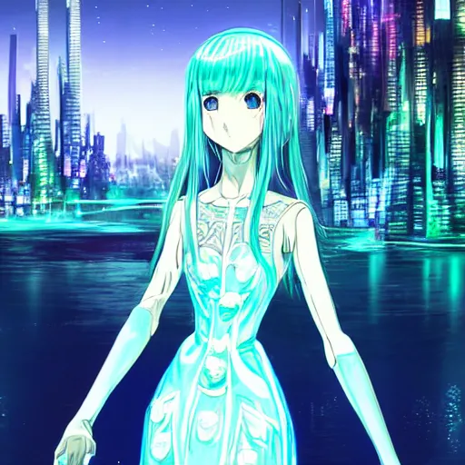 Image similar to a teenage anime android girl wearing a very high intricate detailed dress made out of water standing in a crystal clear lake with a neon lit futuristic city in the background::full body::very long black + red hair::left eye is yellow + right eye is glowing red::heterochromatic eyes::intense stare::cinematic lighting::medium shot::MCU::trending on artstation::CSP + Photoshop::WLOP + Rossdraws + James Jean + Andrei Riabovitchev + Marc Simonetti + Anastasia Ovchinnikova + Véronique Meignaud + BEN MAIER + Sakimichan