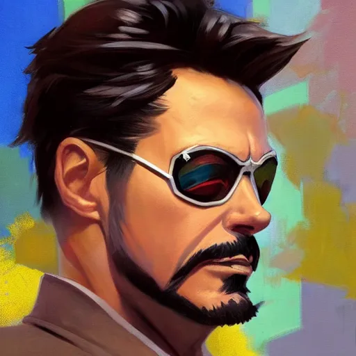 Image similar to greg manchess portrait painting of tony stark as overwatch character, totally whack, medium shot, asymmetrical, profile picture, organic painting, sunny day, matte painting, bold shapes, hard edges, street art, trending on artstation, by huang guangjian and gil elvgren and sachin teng