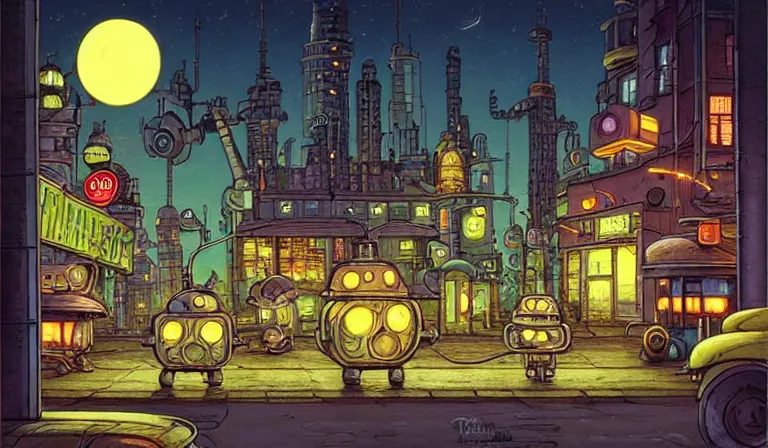 Image similar to fantasycore street view of 1950s machinarium cityscape at night by michael whelan and naomi okubo and dan mumford. cute 1950s robots. cel-shaded. glossy painting.