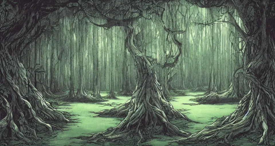 Image similar to A dense and dark enchanted forest with a swamp, by Studio Ghibli