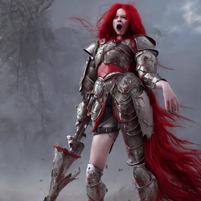 Image similar to a girl with a long red hair wearing a full-body red plate armor screaming in a battlefield, anatomically correct, hyperrealistic, concept art, octane render, unreal engine 5, 8K HDR, highly detailed, high quality, fantasy armor