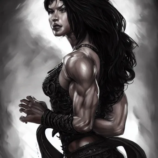 Image similar to a black haired woman in a black tank top, muscular upper body, abs, d & d, fantasy, intricate, elegant, highly detailed, digital painting, artstation, concept art, smooth, sharp focus, illustration, art by simon bisley