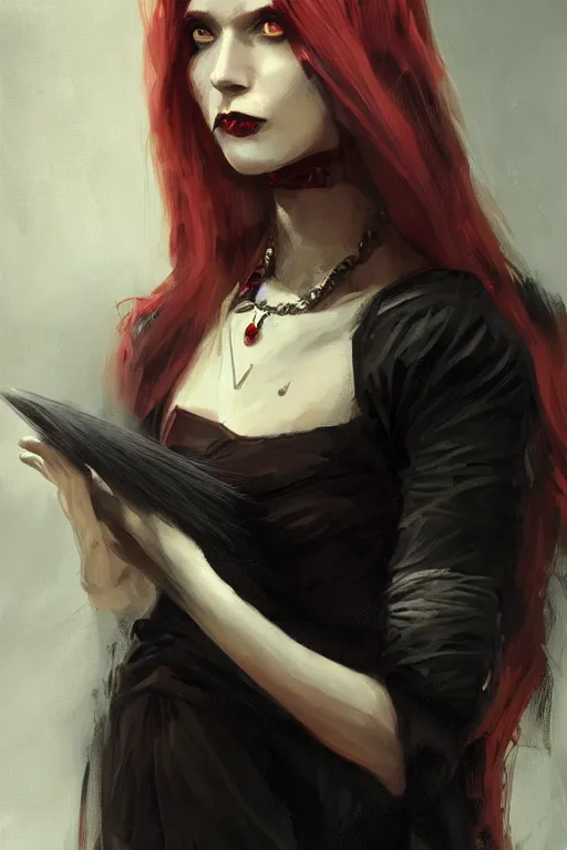 Image similar to female occultist, sweeping wild blonde hair!!, red eyes!!, portrait, high cheekbones, smug, evil, Victorian, black velvet dress, dark colors, ruby jewelry, moody, nefarious, villain, crimson halo, fantasy painting, trending in artstation, cgsociety, by Craig Mullins, Charlie Bowater, Brom