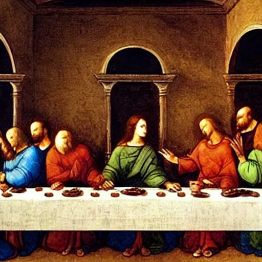 Prompt: the power rangers eating at the last supper with jesus painting by leonardo da vinci