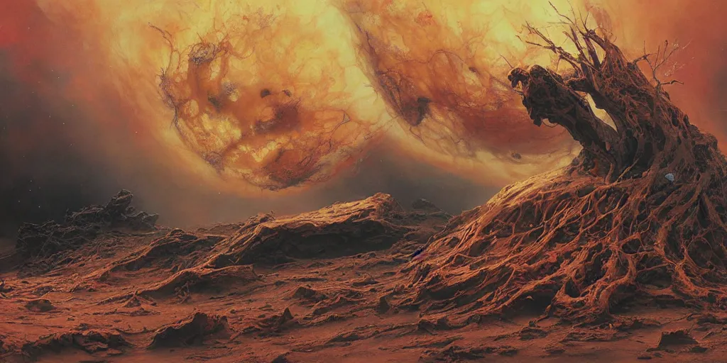 Image similar to supernova tornado, alien surface planet covered with black tree roots, red desert mars, norilsk, painted by ruan jia, raymond swanland, lawrence alma tadema, zdzislaw beksinski, norman rockwell, jack kirby, tom lovell, alex malveda, greg staples, steve mccurry