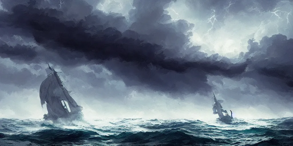 Image similar to A sailing boat struggles through stormy seas, an intense storm blacks out the sky, lit by lightning, Greg Rutkowski and Studio Ghibli