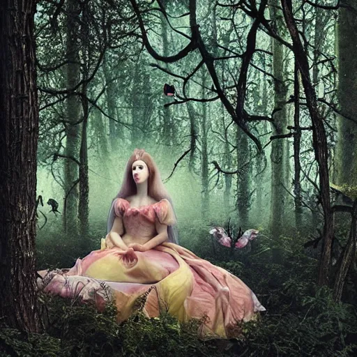 Prompt: by laura makabresku, by jason pearson, by mat collishaw defined claymation. a beautiful performance art of princess aurora singing in the woods while surrounded by animals. she looks so peaceful & content in the company of the animals, & the colors are simply gorgeous.