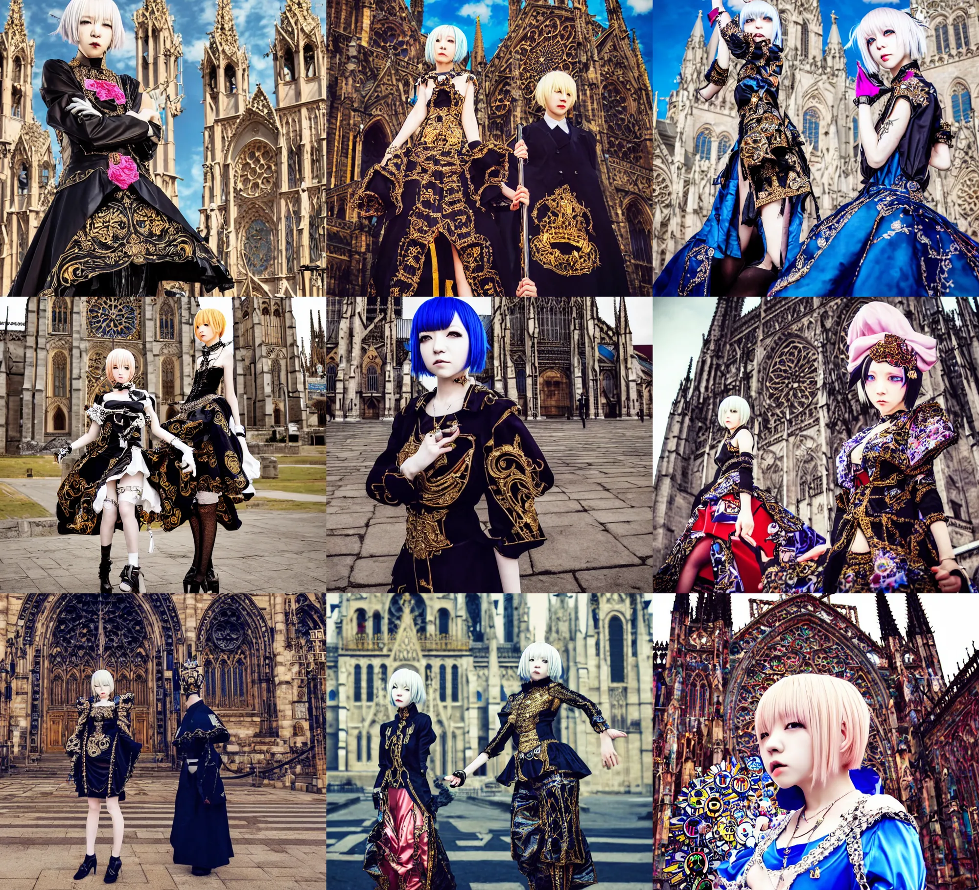 Prompt: full body portrait photo of women like reol from a distance wearing ornate royal clothing in front of the cathedral in the distance, realistic, dynamic perspective pose, skin tinted a warm tone, hdr, rounded eyes, detailed facial features, blue black gold, takashi murakami