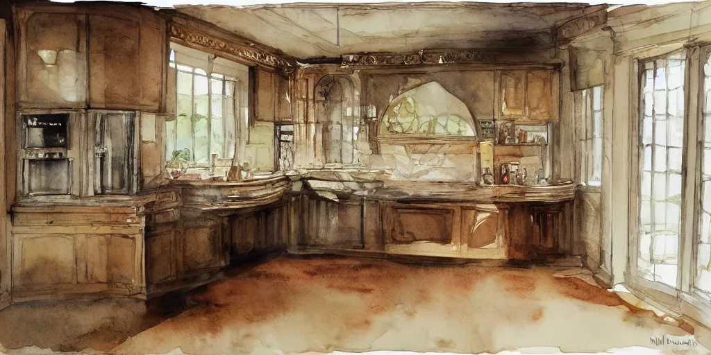 Prompt: a hiper intricate watercolor of a beauty kitchen, reflexions, smooth, by william turner art, by greg rutowski,