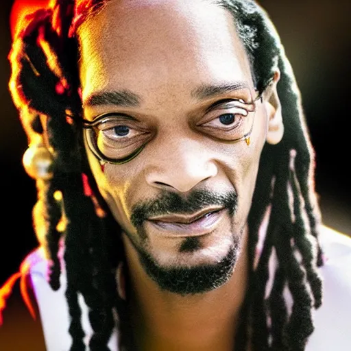 Image similar to Snoop Dog with big eyes eye color red , smiling and holding a joint in his hand