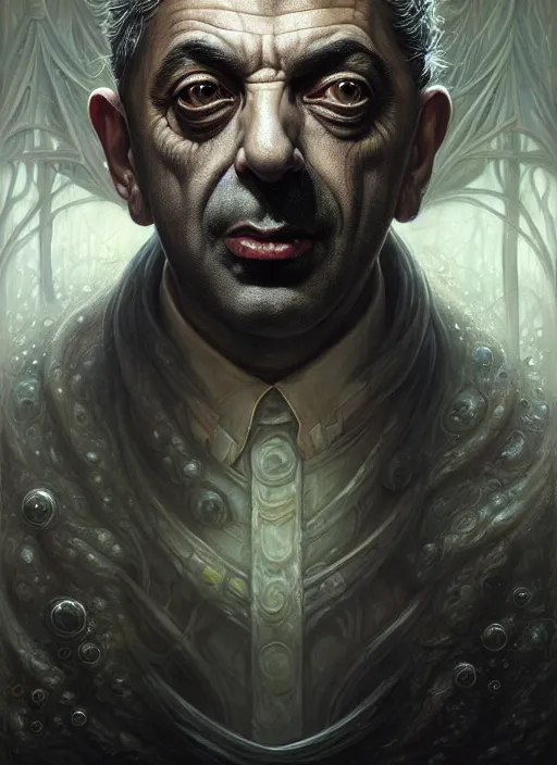 Prompt: lovecraft biopunk portrait of rowan sebastian atkinson, by tomasz alen kopera and peter mohrbacher