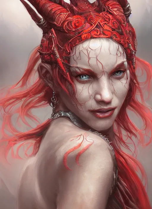 Prompt: red skin, Tiefling , smiling, beautiful detailed eyes, cute, fantasy, intricate, elegant, highly detailed, digital painting, 4k, HDR, concept art, detailed jewelry, smooth, sharp focus, illustration, by Eric Deschamps