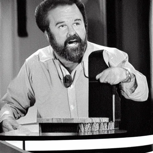 Prompt: Billy Mays hosting Jeopardy, VHS tape footage, 1991 , the set of Jeopardy