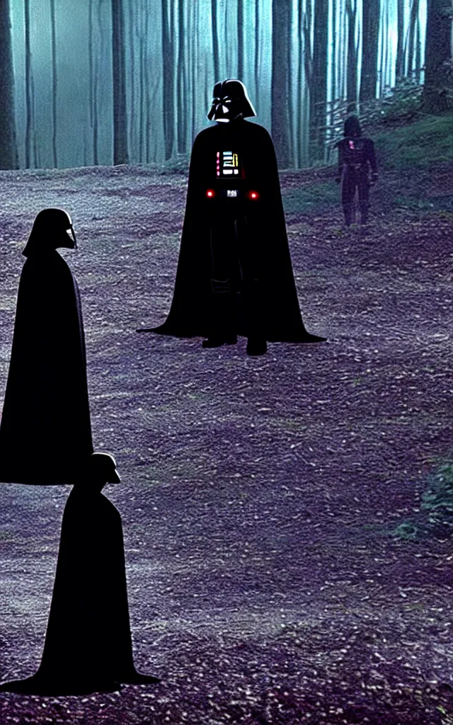 Image similar to darth vader anb bella from twillight staying together in front of, on the background star destroyer landed on the wood ground in the twilight saga movie, shot from the twillight movie