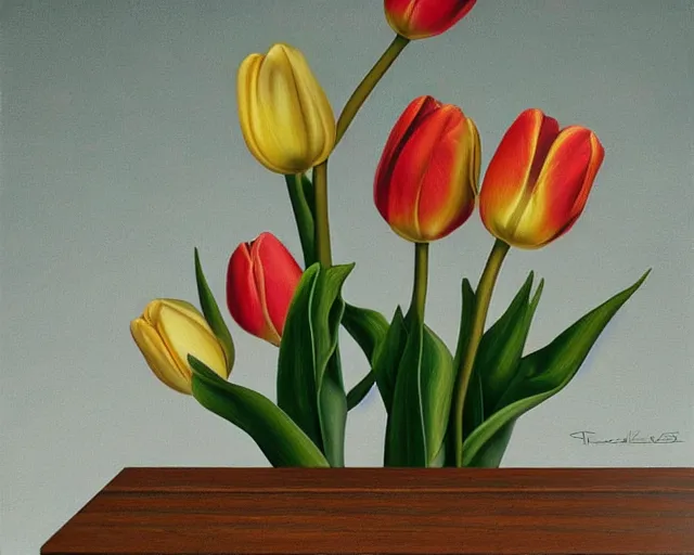 Prompt: rule of thirds intricate detail inside the tulip on a table, an ultrafine detailed painting by rafal olbinski, behance contest winner, pop surrealism, detailed painting, very detailed, minimalist, skeuomorphic, airbrush art