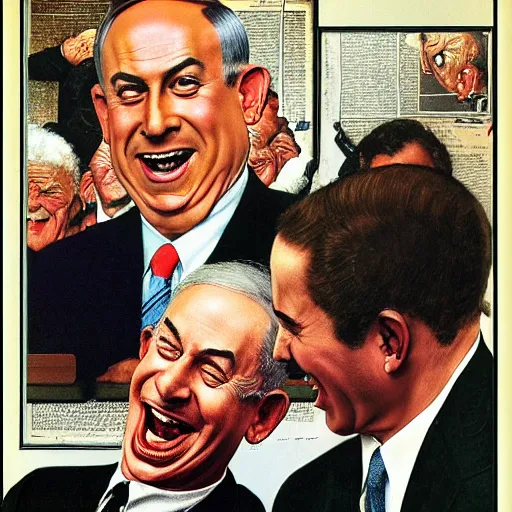 Image similar to benjamin netanyahu laughing hysterically at computer screen, by norman rockwell and michael cheval